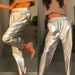 NWT ZARA Silver Metallic High Waisted Jogger Style Trouser Pant Size Small